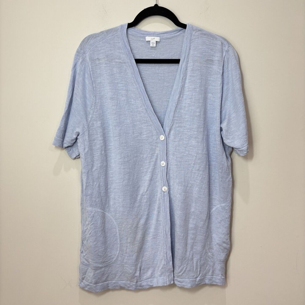 J Jill Linen Short Sleeve Cardigan Sweater XLp Light Blue Lightweight Coastal
